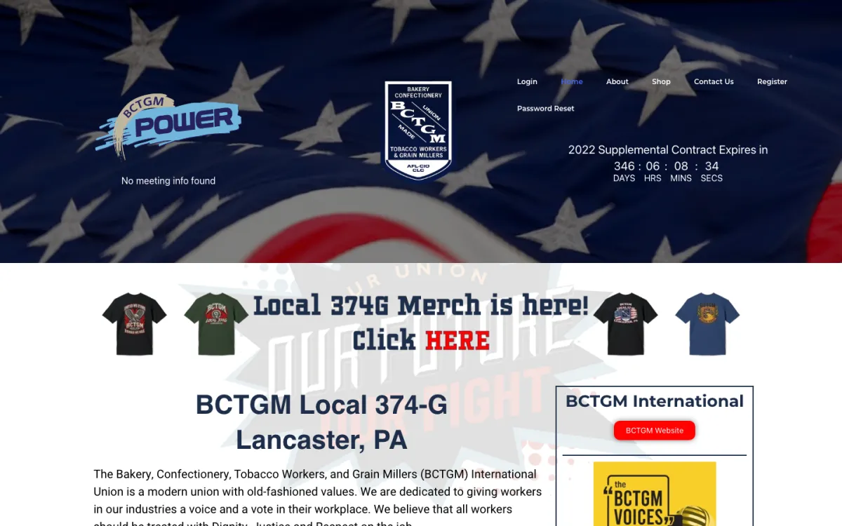 BCTGM Local 374G homepage with an American flag banner, the union seal and a contract countdown