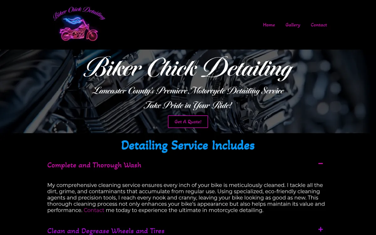 Biker Chick Detailing homepage with a neon pink motorcycle logo and the line Take pride in your ride