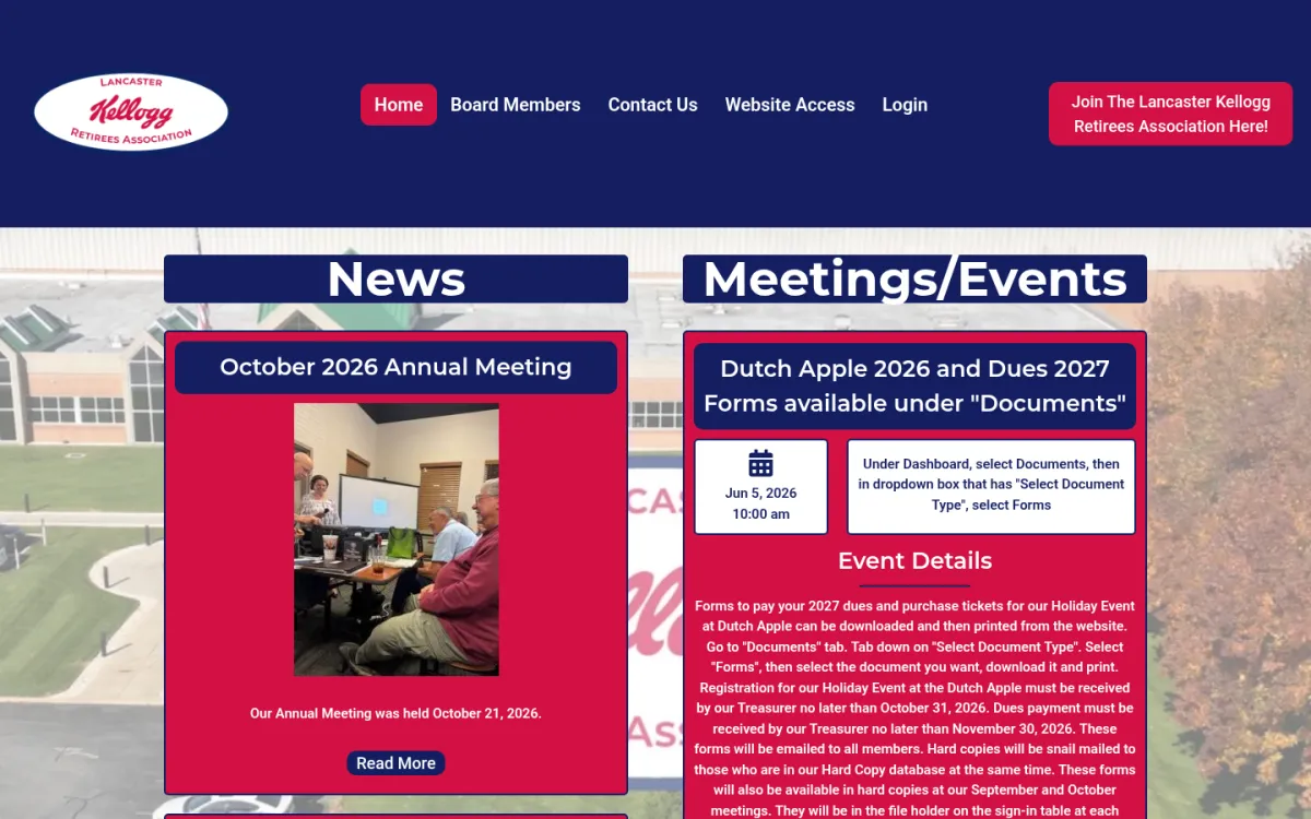 Lancaster Kellogg Retirees Association homepage with news and meeting events columns