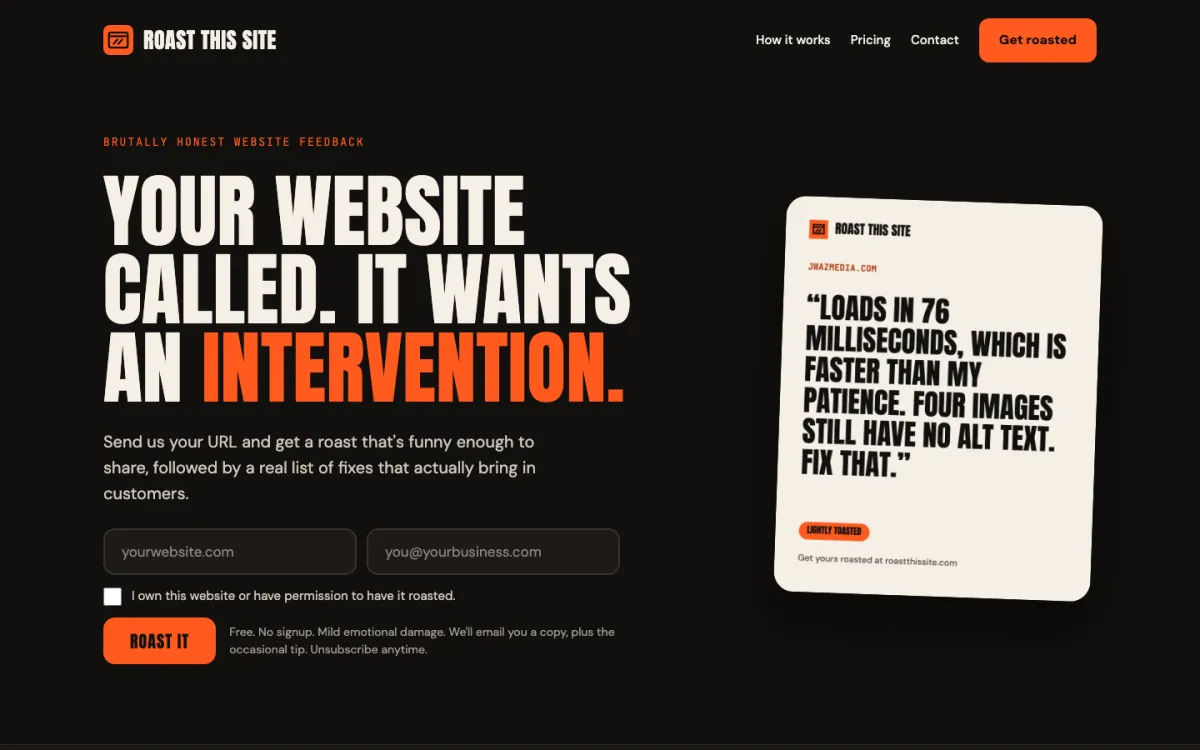 Roast This Site homepage